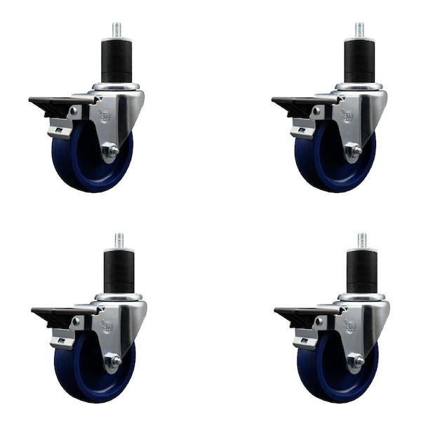 4'' Solid Poly Swivel 1-3/4'' Expanding Stem Caster Set with Brake, 4PK